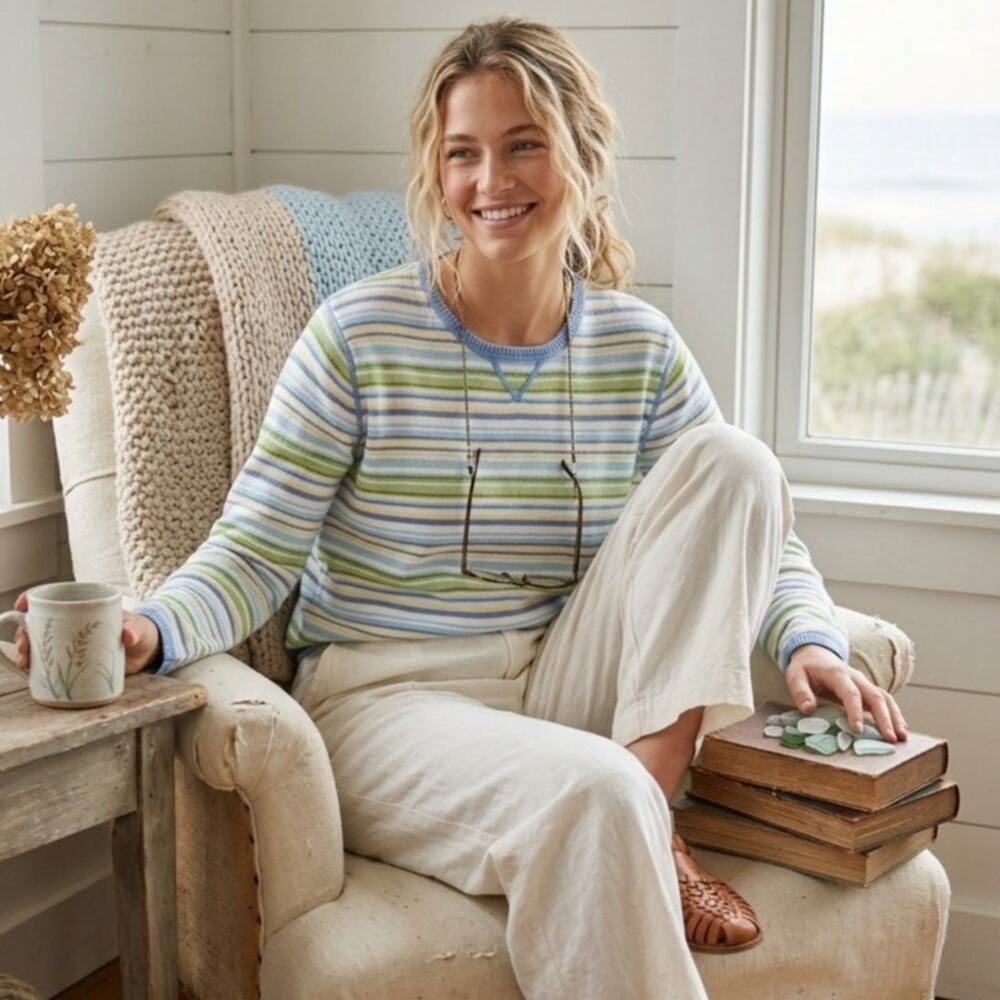 Vintage Eddie Bauer Striped Cotton Pullover Knit Sweater Coastal Cottagecore